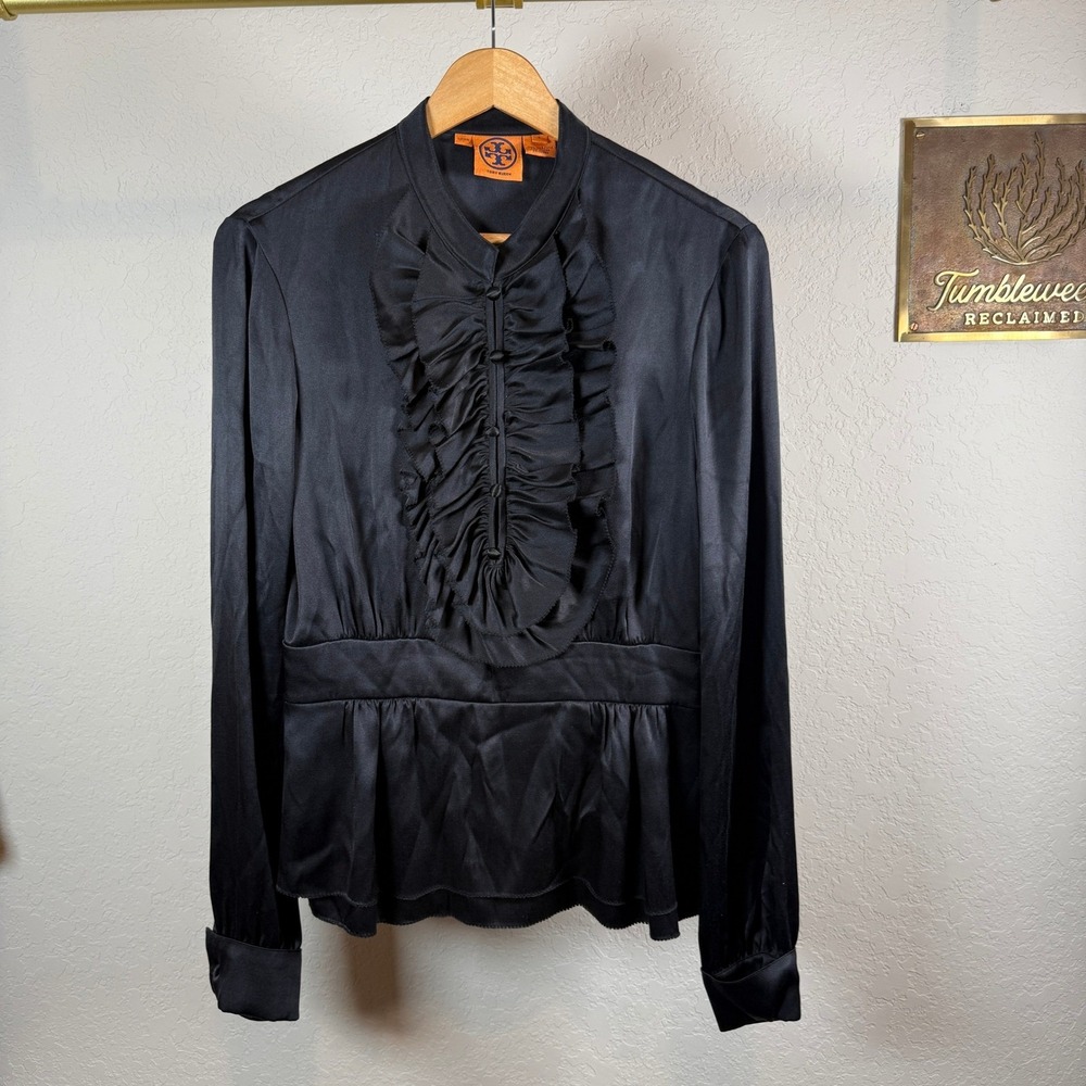 Tory Burch Black 100% Silk Ruffle Front Peplum Blouse Long Sleeve Size 8